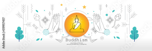 Banner buddha sits and temple flat draw lines design outline vector stroke on white panorama background with copy space