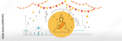 Banner buddha sits and Benchamabophit Dusit Temple flat line design outline vector stroke on white  panorama background with copy space