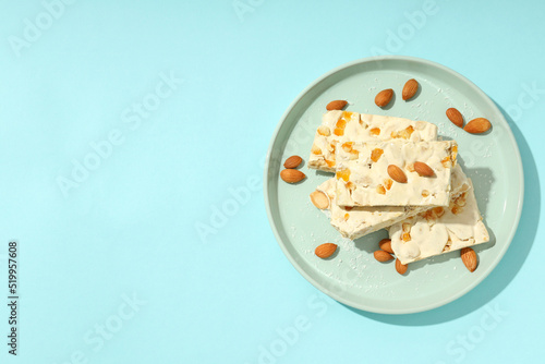 Concept of tasty food with nougat, space for text