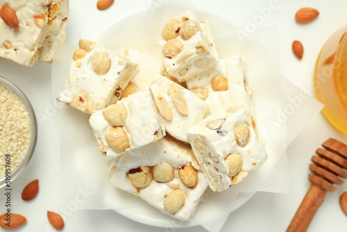 Concept of tasty food with nougat, top view