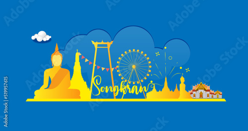 Buddha statue in the temple - Songkran Festival, Thailand happy new year Thai 13 April summer banners on blue vector background - Thailand travel concept
