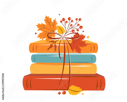 Books with autumn bright leaves on white background. Design for card or promotional poster. Vector illustration