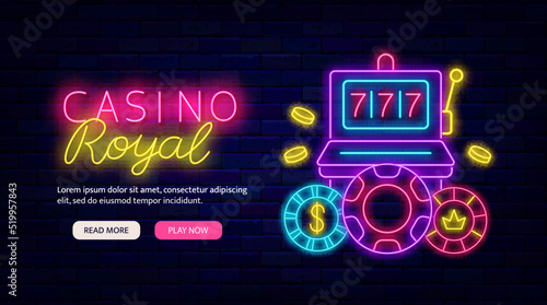 Casino royal neon signboard. Landing page website template. Slot machine and chips. Vector stock illustration