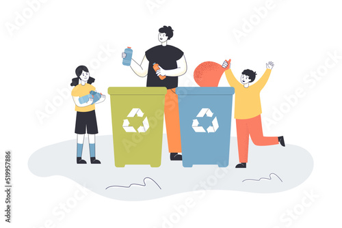 Man and kids sorting trash into bins flat vector illustration. Eco activists recycling garbage, taking care of planet. Ecology, education concept for banner, website design or landing web page