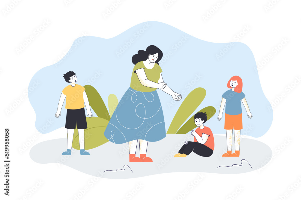 Fototapeta premium Woman dealing with quarrel of children flat vector illustration. Boys and girl arguing and crying. Conflict, fight concept for banner, website design or landing web page