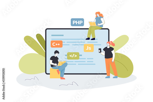 Programmers working on laptops flat vector illustration. Huge tablet screen with greater than less sign, coding symbols. Occupation, programming concept for banner, website design or landing web page