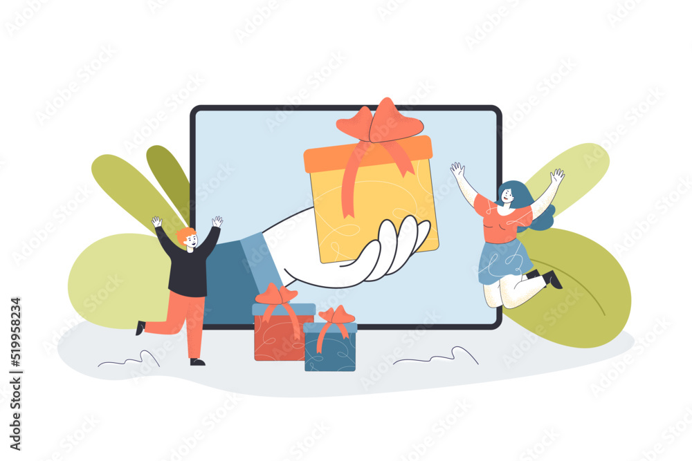 Huge hand with gift box on tablet screen. Happy people receiving birthday presents online flat vector illustration. Online shopping, surprise concept for banner, website design or landing web page Huge hand with gift box on tablet screen. Happy people receiving birthday presents online flat vector illustration. Online shopping, surprise concept for banner, website design or landing web page