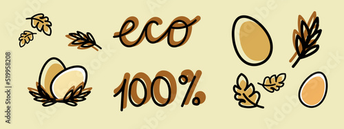 Template for fresh farm product in simple logo design. A happy hen sits on a nest with sign 100 percent eco. Concept of free range chicken and fresh farm egg.