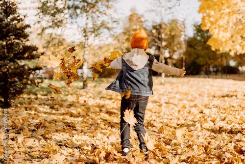 Kid having fun in autumn park with fallen leaves  throwing up leaf. Child boy outdoors playing with maple leaves