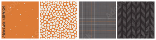 Cozy seamless pattern set in terracotta orange, black and grey colors. Neutral herringbone, abstract spot, dot and plaid different fashion textile designs.