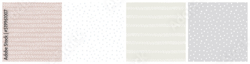 Neutral baby girl seamless pattern set in dusty pink, grey, white and beige colors with simple spot, dot and stripe motifs for clothing or bedding textile.