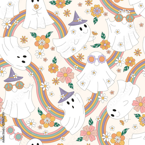 Retro 70s 60s Hippie Groovy Halloween Ghost Flower Rainbow vector seamless pattern. Flower power peace sign shades witch hat spook background. Trippy dancing ghost surface design.