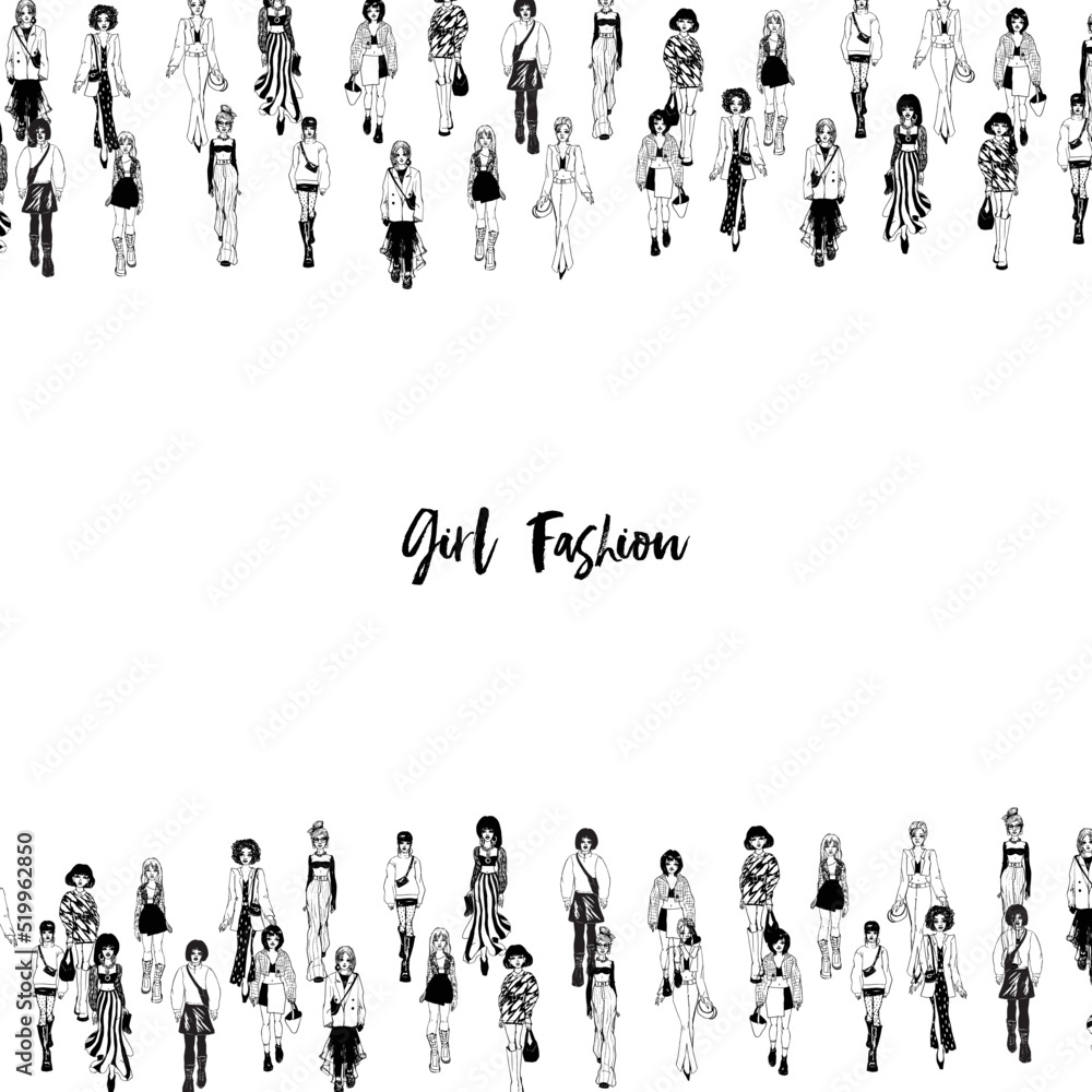 Women in trendy clothes. Fashion vector border.