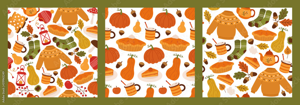 Set of three vector seamless patterns with cozy elements. Autumn patterns with sweater, socks, pie, cocoa, pumpkins, teapot, leaves and acorns. Bright repeating texture. Wrapping paper. 