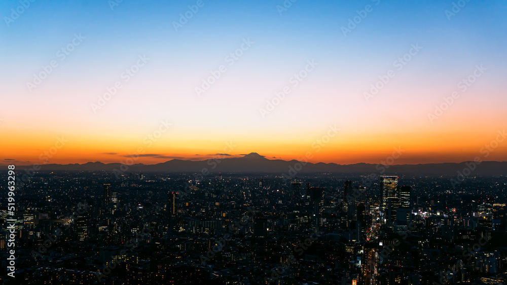 Mt. Fuji with beautiful sky, sunset, and cityscape in Tokyo Shibuya