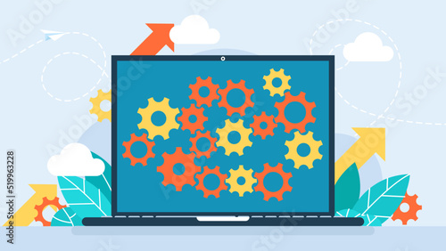 Mechanism of operation of computer app. Cooperation of technologies. Coordinated mechanism of business. Teamwork. Various gears. Concept of departmental cooperation. Flat design. Vector illustration.