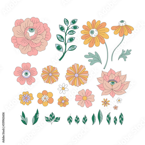 Mystic Garden Eyed Florals Flower Power vector illustration set isolated on white. Hippie Halloween Retro 60s 70s Boho Groovy floral print collection.