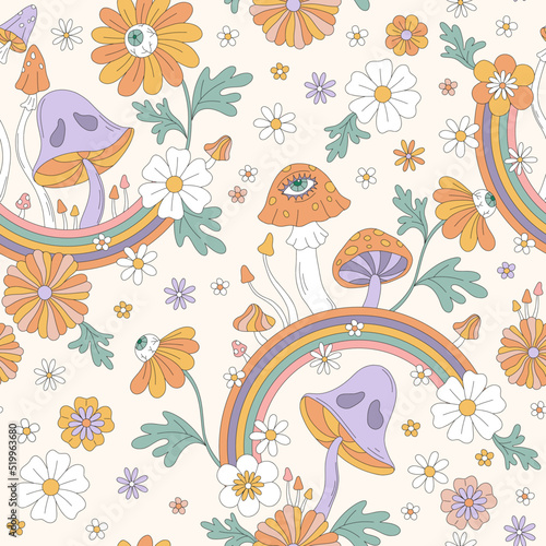 Trippy Mushrooms Rainbow eyed flowers groovy vector seamless pattern. Retro 60s 70s boho mystic garden florals toadstools background. Hippie Halloween surface design.