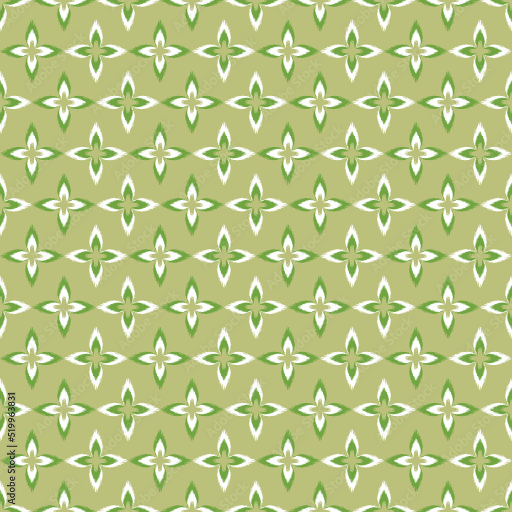Ikat ethnic background vector. Seamless pattern of white and green flower blooming on light green background.