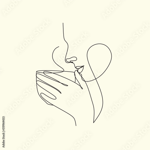 Continuous one line drawing. Woman relaxing with cup of tea. Vector illustration