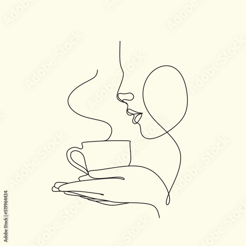 Continuous one line drawing. Woman relaxing with cup of tea. Vector illustration