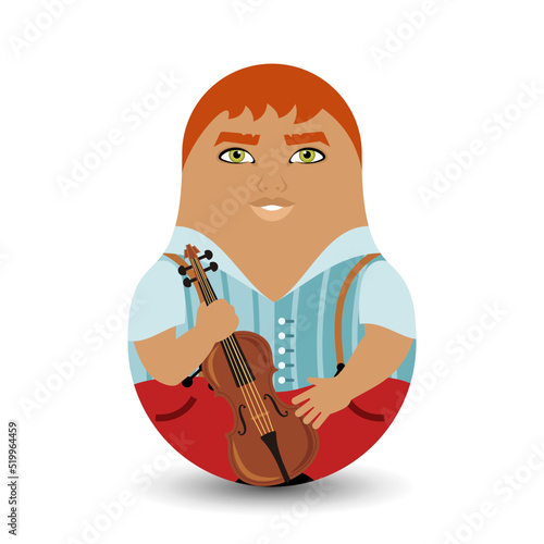 Violinist. Stylish red-haired young man with a violin in his hand. Designer tilting toy. Modern kawaii dolls for your business project. Flat vector.