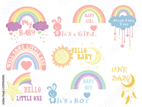 Boho Rainbow Icon Vector illustration. its a boy girl sign, Cute Baby emblem isolated on white background, Flat style for t-shirt graphic, Newborn children's room wall decor.
