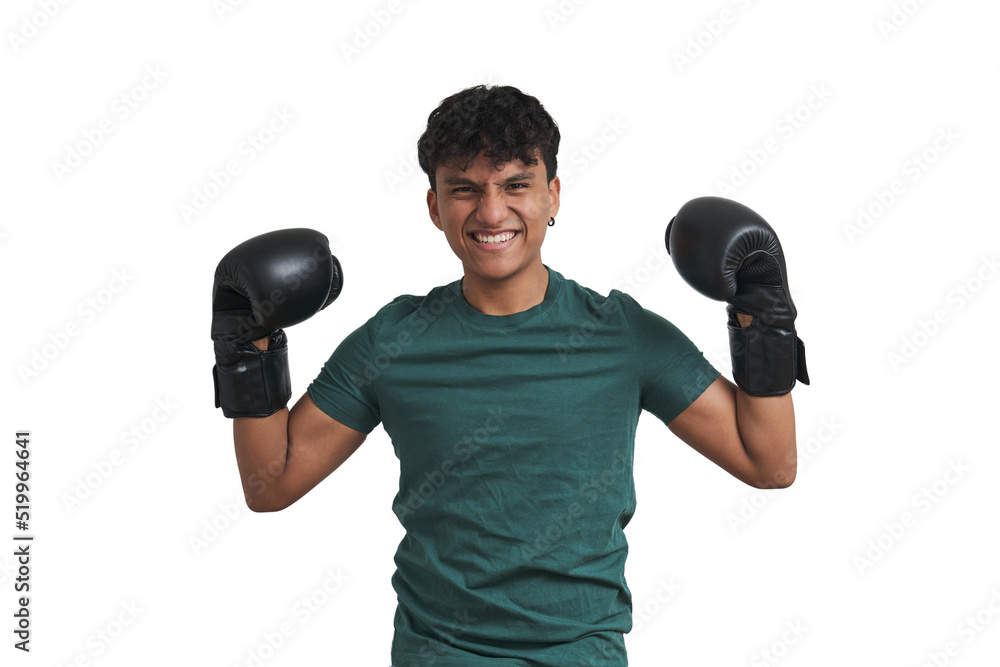 Young peruvian boxer guts pose, smiling and looking at camera. Isolated over white background. Young peruvian boxer guts pose, smiling and looking at camera. Isolated over white background.