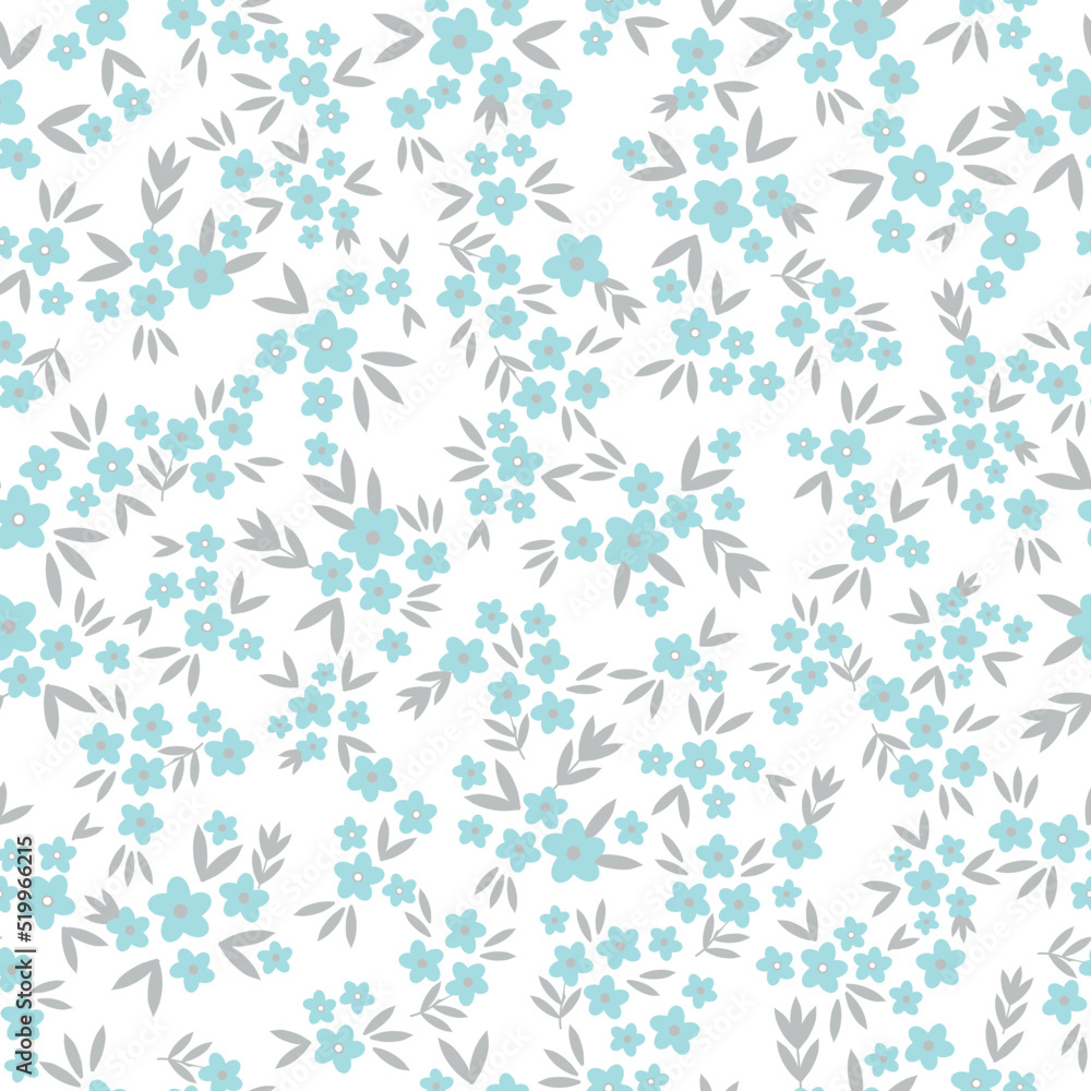 Simple vintage pattern. small blue  flowers, grey leaves. white  background. Fashionable print for textiles and wallpaper.
