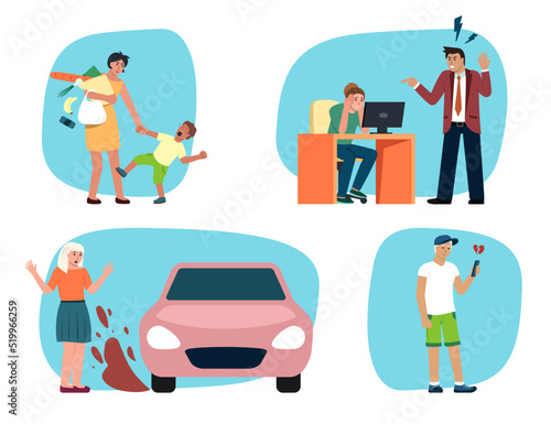 stress situation. aggressive boss screaming on manager naughty child and tired mother in everyday problems. Vector concept illustrations