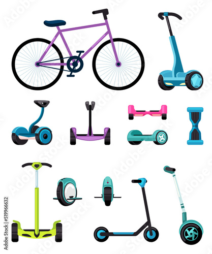 electric transport. eco urban vehicle scooter bicycle monowheel for solo riding outdoor riding in city park. Vector cartoon illustrations