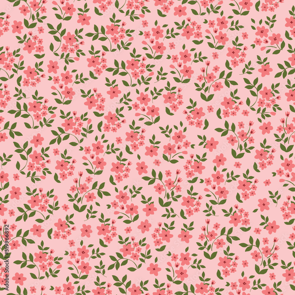 Simple vintage pattern. small pink flowers, green leaves . light pink background. Fashionable print for textiles and wallpaper.
