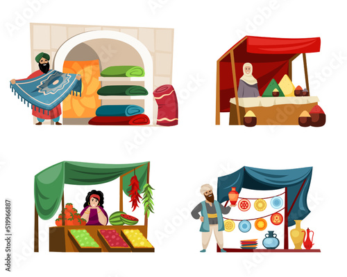 oriental bazaar. asian market place with silk clothes decorative carpets delicious food and spices. Vector colored pictures of turkish bazaar