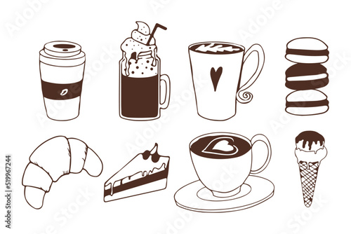 Coffee and desserts set in doodle style. Collection pastry, ice cream, sweet food and beverage. Cafe or shop elements.