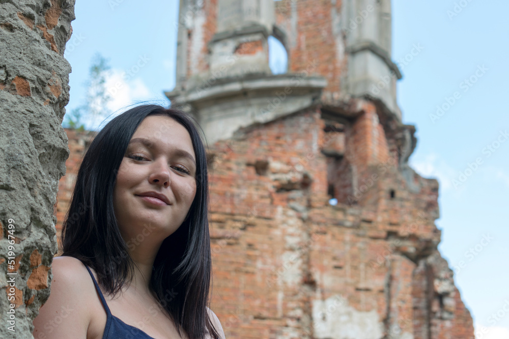 Close up portrait young beautiful woman with ancient ruin. Close up portrait young beautiful woman with ancient ruin.