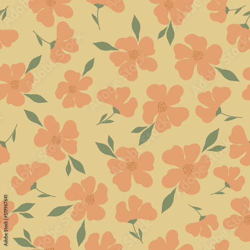 Simple vintage pattern. orange flowers, green leaves. beige background. Fashionable print for textiles and wallpaper.