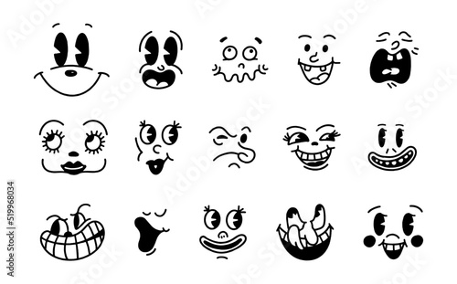 Smiley face retro emoji. Faces of cartoon characters from the 30s. Vintage comic smile vector illustration