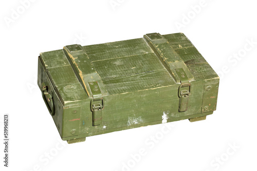 an army wooden green box, close-up on a white background. texture of the old tree. props for games