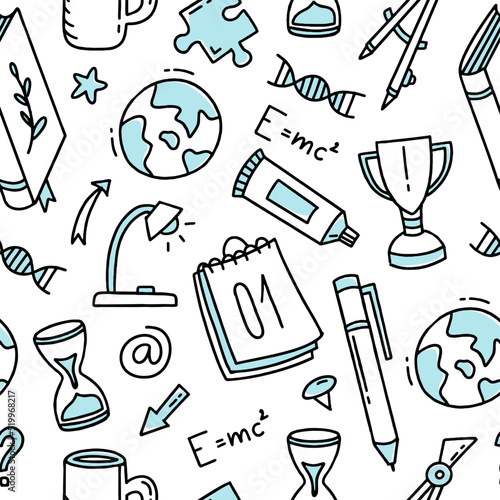 The pattern is a school doodle of elements. Back to school. Vector illustration in line style.