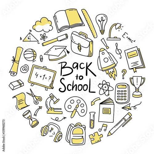Back to school doodle set of elements. Vector illustration in line style.