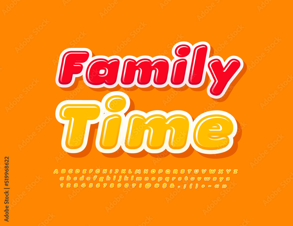 Vector cute sign Family Time. Yellow sunny Font. Bright glossy Alphabet Letters, Numbers and symbols set Vector cute sign Family Time. Yellow sunny Font. Bright glossy Alphabet Letters, Numbers and symbols set