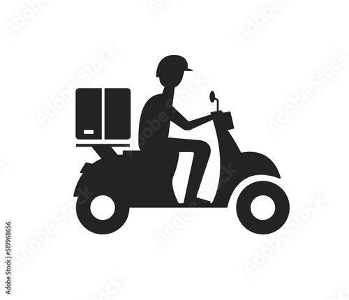 Man riding scooter delivery service flat icon design vector. Courier marketplace online shipping symbol illustration.