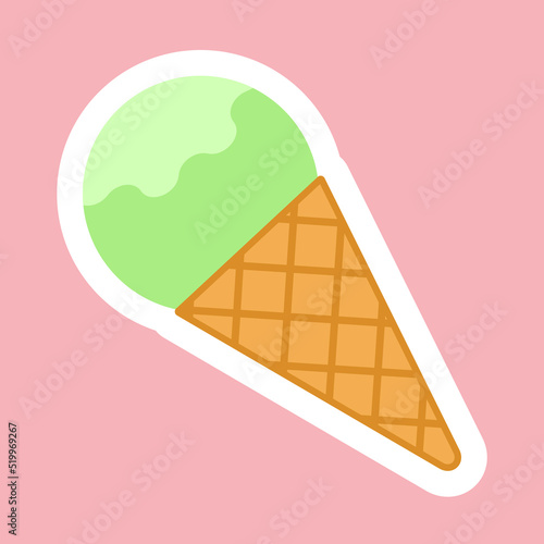Fruit scoop of ice cream in a waffle cone sticker icon, flat design