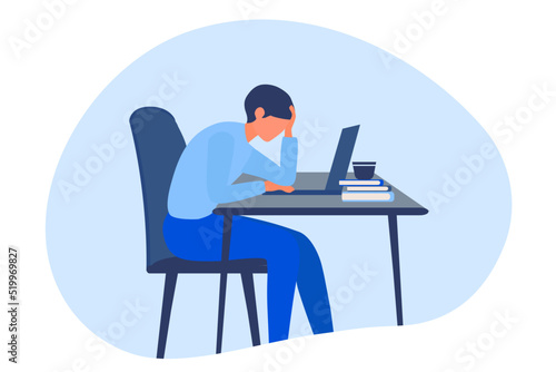 Stressed businessman working hard in office. Headache and exhausted vector illustration