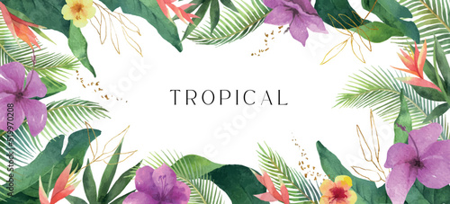 Watercolor vector background with exotic flowers and tropical leaves