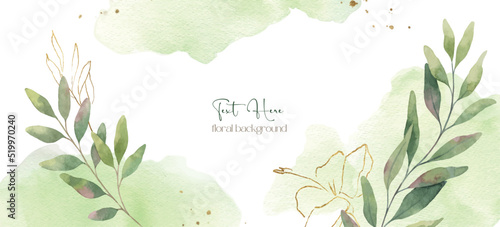 Watercolor vector background with branches, green spots and gold flecks.