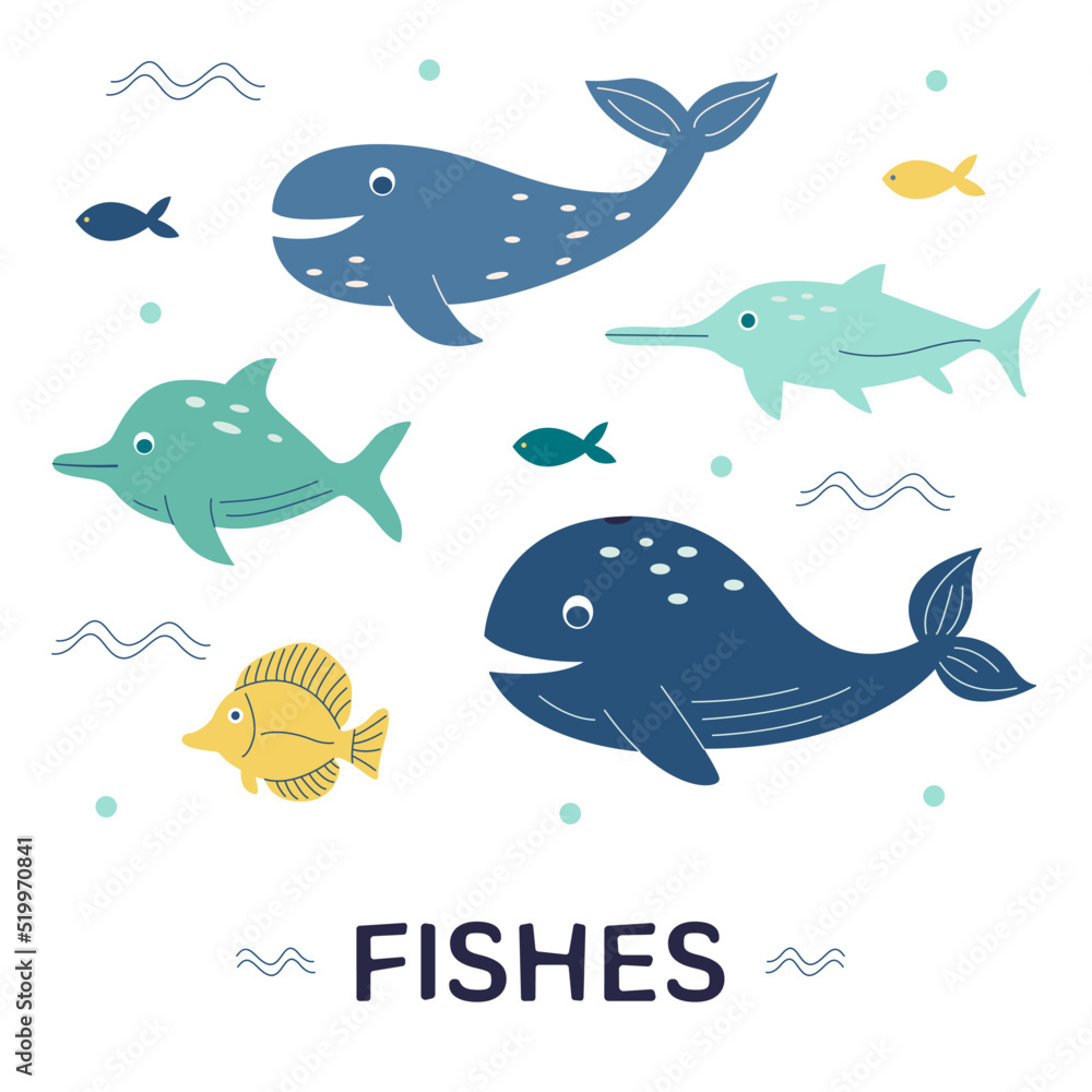 Cute ocean fish, whale, dolphin, shark and others. Set of sea animals. Underwater world of wild nature. Vector illustration Cute ocean fish, whale, dolphin, shark and others. Set of sea animals. Underwater world of wild nature. Vector illustration