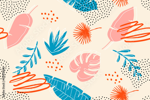 Seamless tropical leaves. Wallpaper. Pattern. For banner, postcard and posters. Vector. Hand drawn doodle elements: dots, circles, doodles.