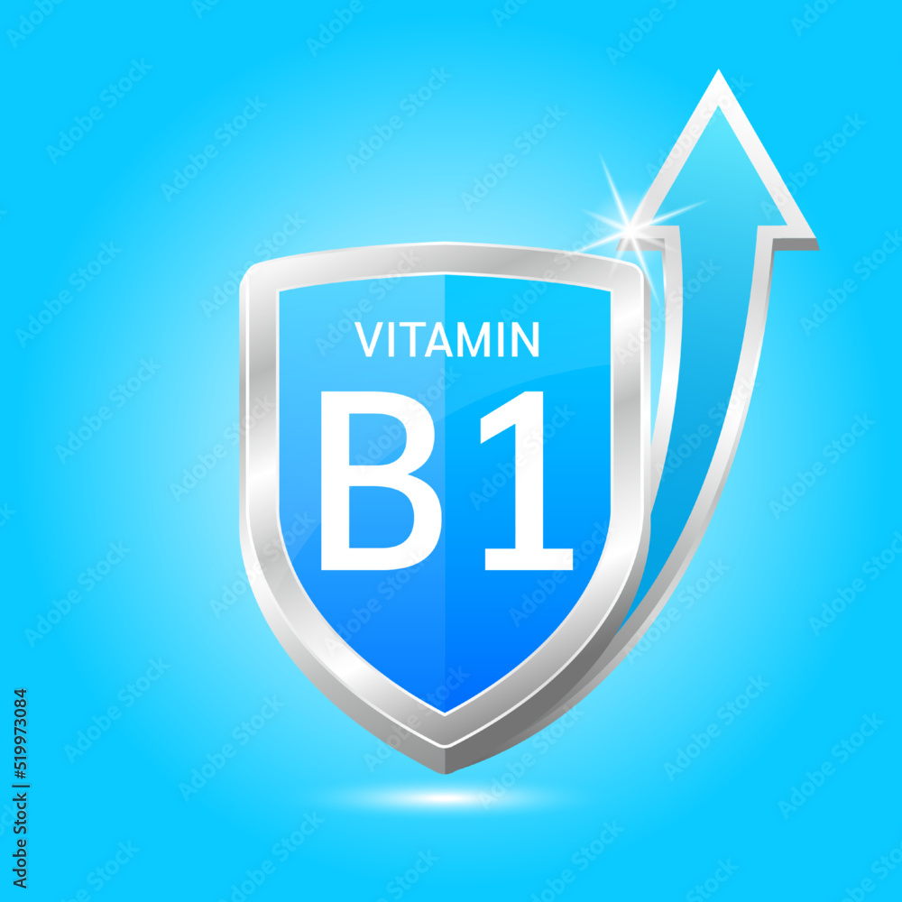 Vitamin B1 shield with Blue atom, an up arrow. Protect body stay healthy, protection from chemicals entering body. For nutrition products food. Medical scientific concepts. Vector illustration 3D. Vitamin B1 shield with Blue atom, an up arrow. Protect body stay healthy, protection from chemicals entering body. For nutrition products food. Medical scientific concepts. Vector illustration 3D.