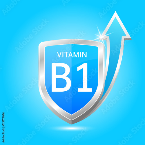 Vitamin B1 shield with Blue atom, an up arrow. Protect body stay healthy, protection from chemicals entering body. For nutrition products food. Medical scientific concepts. Vector illustration 3D.